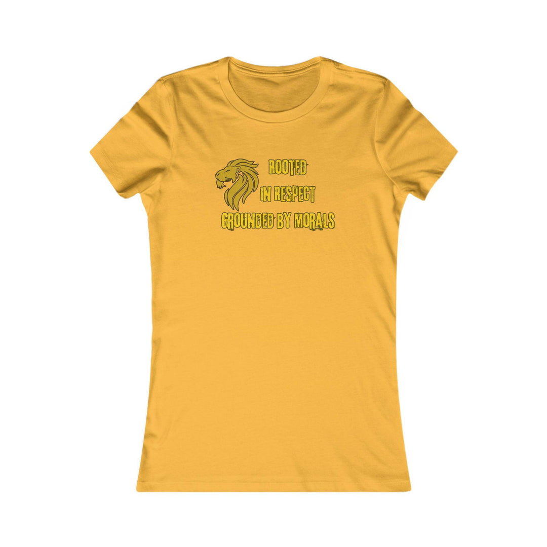 Gold T-shirt with a golden lion symbol and the powerful phrase 'Rooted in Respect, Grounded by Morals.' Perfect for expressing values of strength, integrity, and pride.