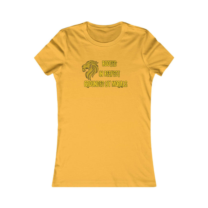 Gold T-shirt with a golden lion symbol and the powerful phrase 'Rooted in Respect, Grounded by Morals.' Perfect for expressing values of strength, integrity, and pride.