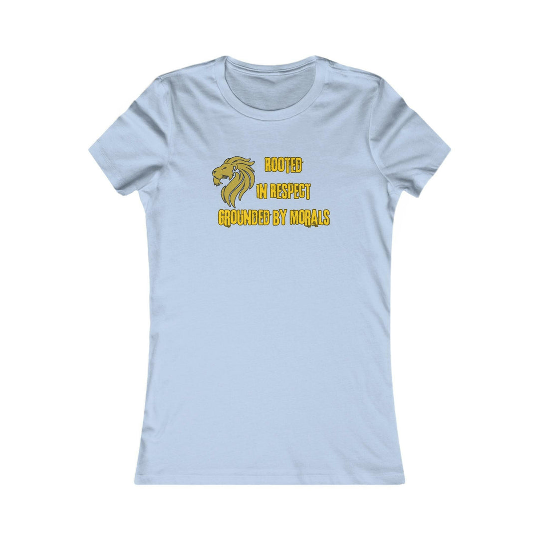 Baby Blue T-shirt with a golden lion symbol and the powerful phrase 'Rooted in Respect, Grounded by Morals.' Perfect for expressing values of strength, integrity, and pride.