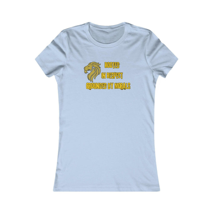 Baby Blue T-shirt with a golden lion symbol and the powerful phrase 'Rooted in Respect, Grounded by Morals.' Perfect for expressing values of strength, integrity, and pride.