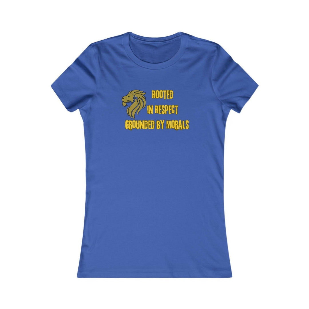 True Royal Blue T-shirt with a golden lion symbol and the powerful phrase 'Rooted in Respect, Grounded by Morals.' Perfect for expressing values of strength, integrity, and pride.