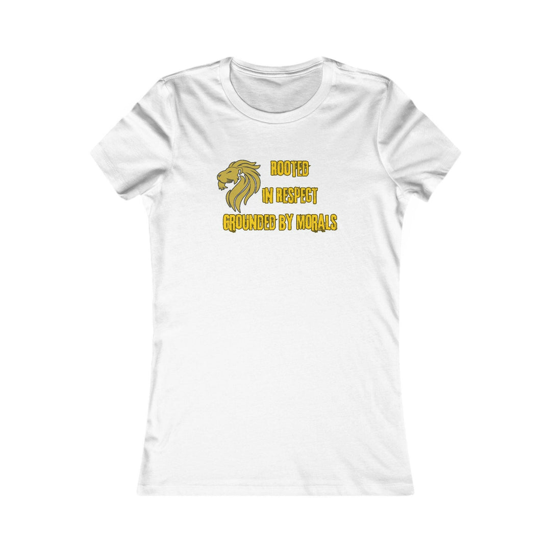 White T-shirt with a golden lion symbol and the powerful phrase 'Rooted in Respect, Grounded by Morals.' Perfect for expressing values of strength, integrity, and pride.