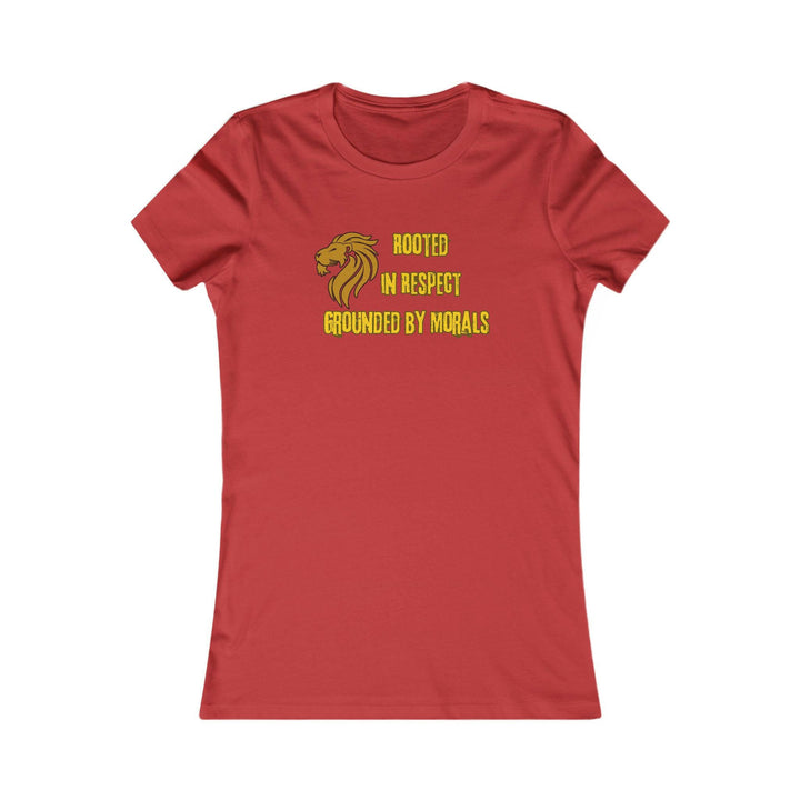 Red T-shirt with a golden lion symbol and the powerful phrase 'Rooted in Respect, Grounded by Morals.' Perfect for expressing values of strength, integrity, and pride.