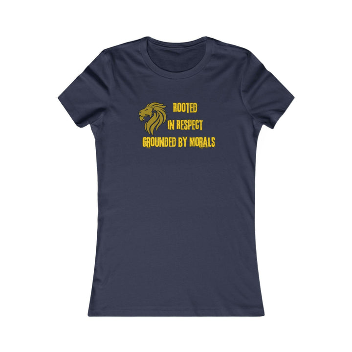 Navy Blue T-shirt with a golden lion symbol and the powerful phrase 'Rooted in Respect, Grounded by Morals.' Perfect for expressing values of strength, integrity, and pride.