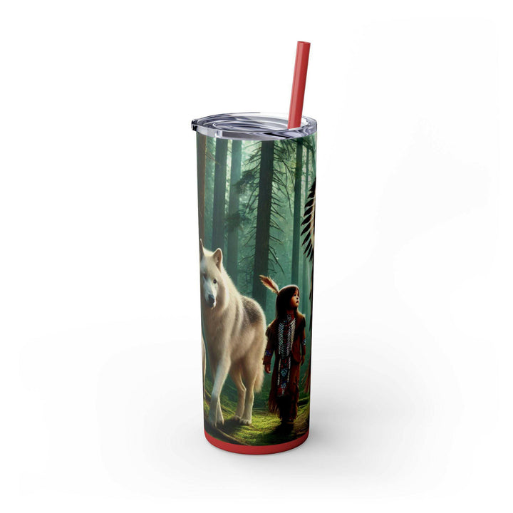 Stainless steel tumbler featuring a striking image of a Native American warrior in traditional regalia with a young child, set against a glowing green forest background. Perfect for honoring heritage and resilience.