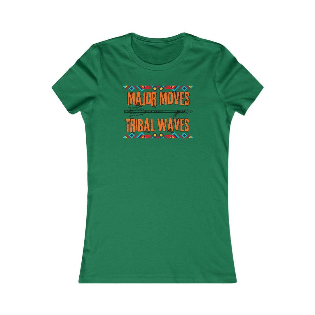 Kelly Green T-shirt with the phrase 'Major Moves Tribal Waves' in orange, with colorful tribal patterns. Embraces movement, power, and cultural heritage.