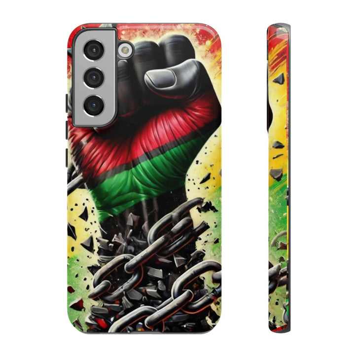 Black Pan-African fist phone case with chains breaking free, symbolizing strength and liberation. Durable and stylish for cultural expression.