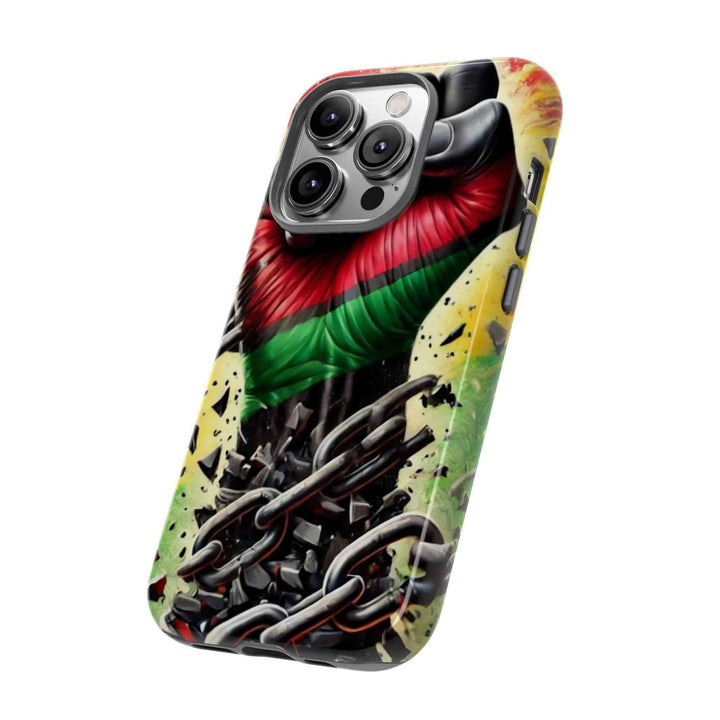 Black Pan-African fist phone case with chains breaking free, symbolizing strength and liberation. Durable and stylish for cultural expression.