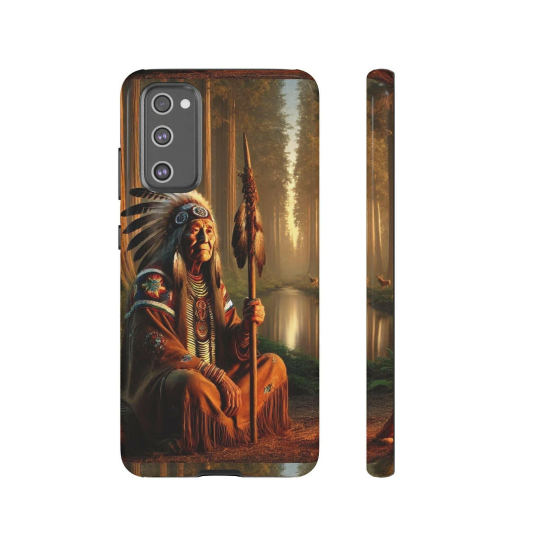 Phone case featuring a serene Native American elder holding a staff by a tranquil river. Detailed art for heritage appreciation.