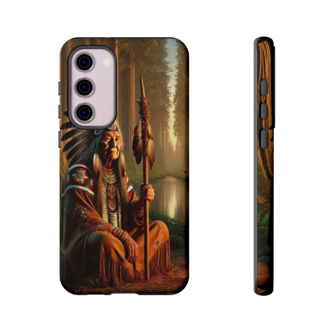 Phone case featuring a serene Native American elder holding a staff by a tranquil river. Detailed art for heritage appreciation.