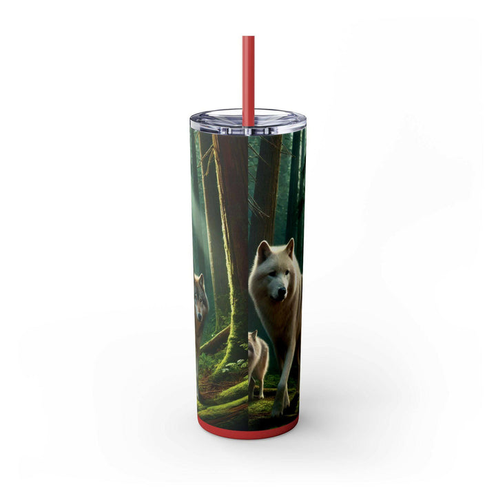 Stainless steel tumbler featuring a striking image of a Native American warrior in traditional regalia with a young child, set against a glowing green forest background. Perfect for honoring heritage and resilience.