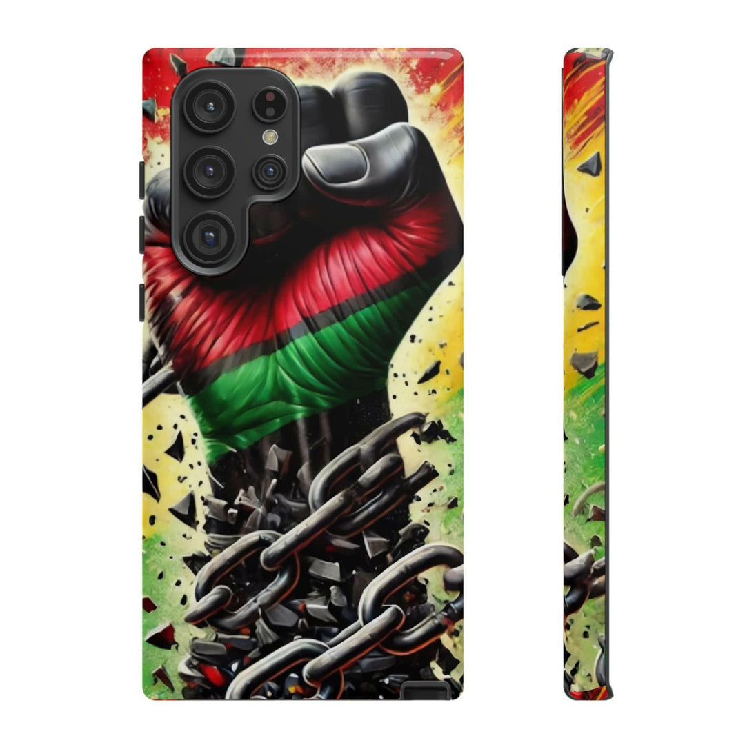 Black Pan-African fist phone case with chains breaking free, symbolizing strength and liberation. Durable and stylish for cultural expression.