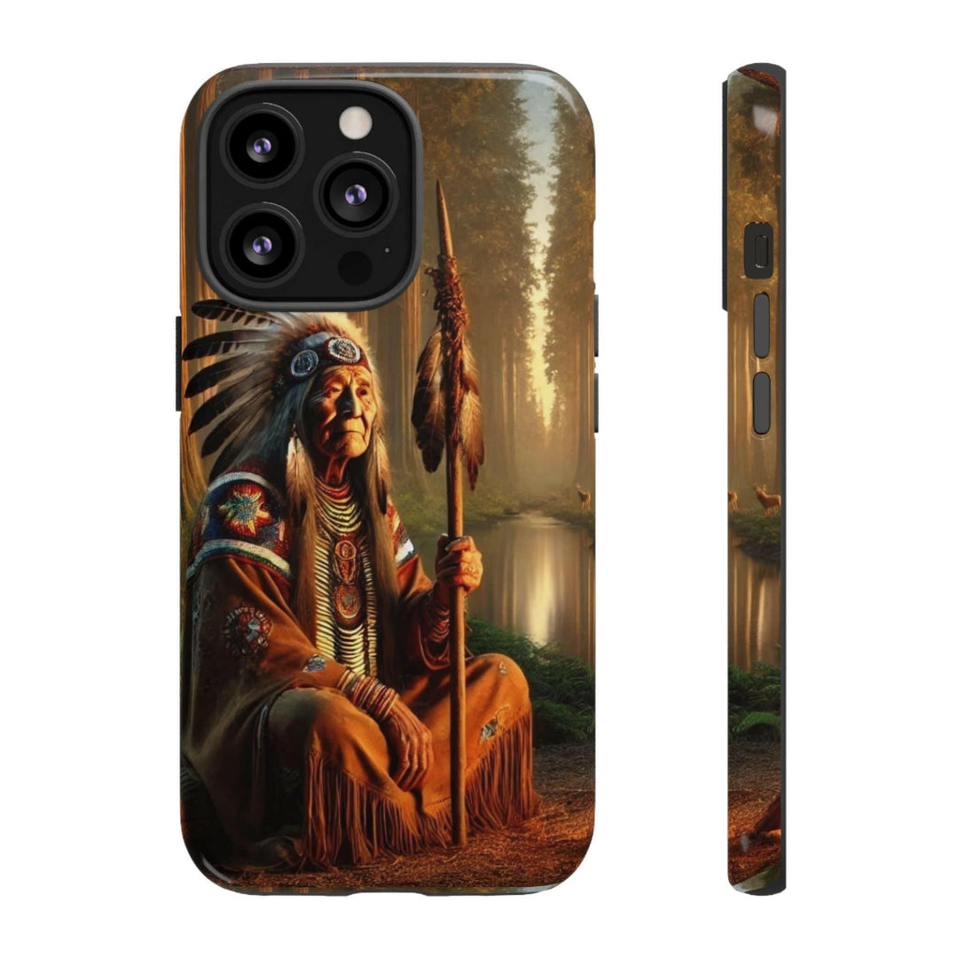 Phone case featuring a serene Native American elder holding a staff by a tranquil river. Detailed art for heritage appreciation.