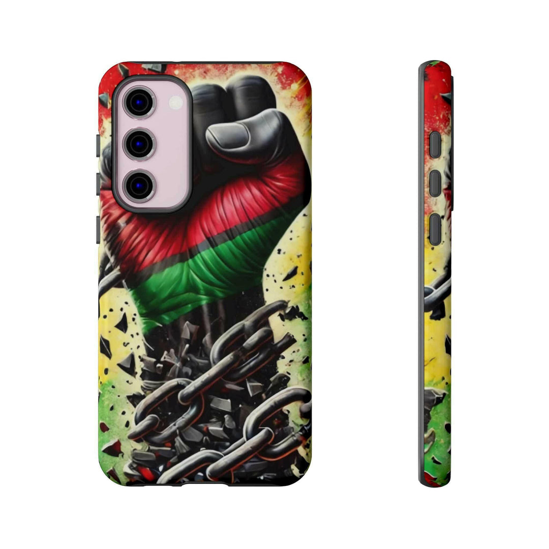 Black Pan-African fist phone case with chains breaking free, symbolizing strength and liberation. Durable and stylish for cultural expression.