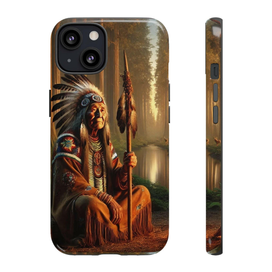 Phone case featuring a serene Native American elder holding a staff by a tranquil river. Detailed art for heritage appreciation.