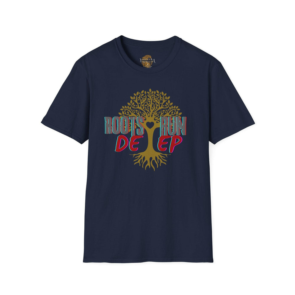 T-shirt with roots run deep graphic, fashionable apparel