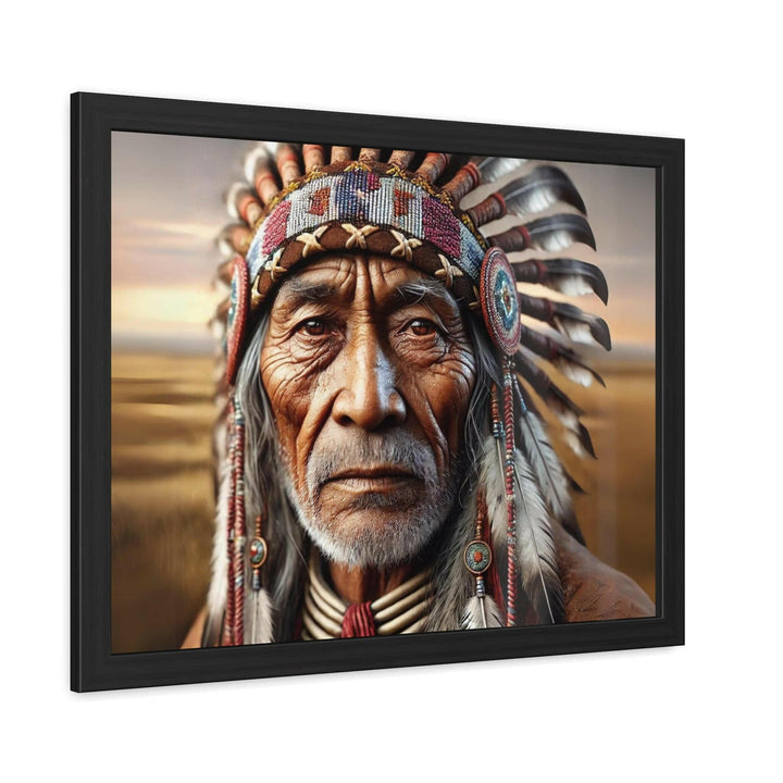 A detailed framed artwork of a wise Native American elder wearing a traditional feathered headdress, exuding a sense of wisdom and history.