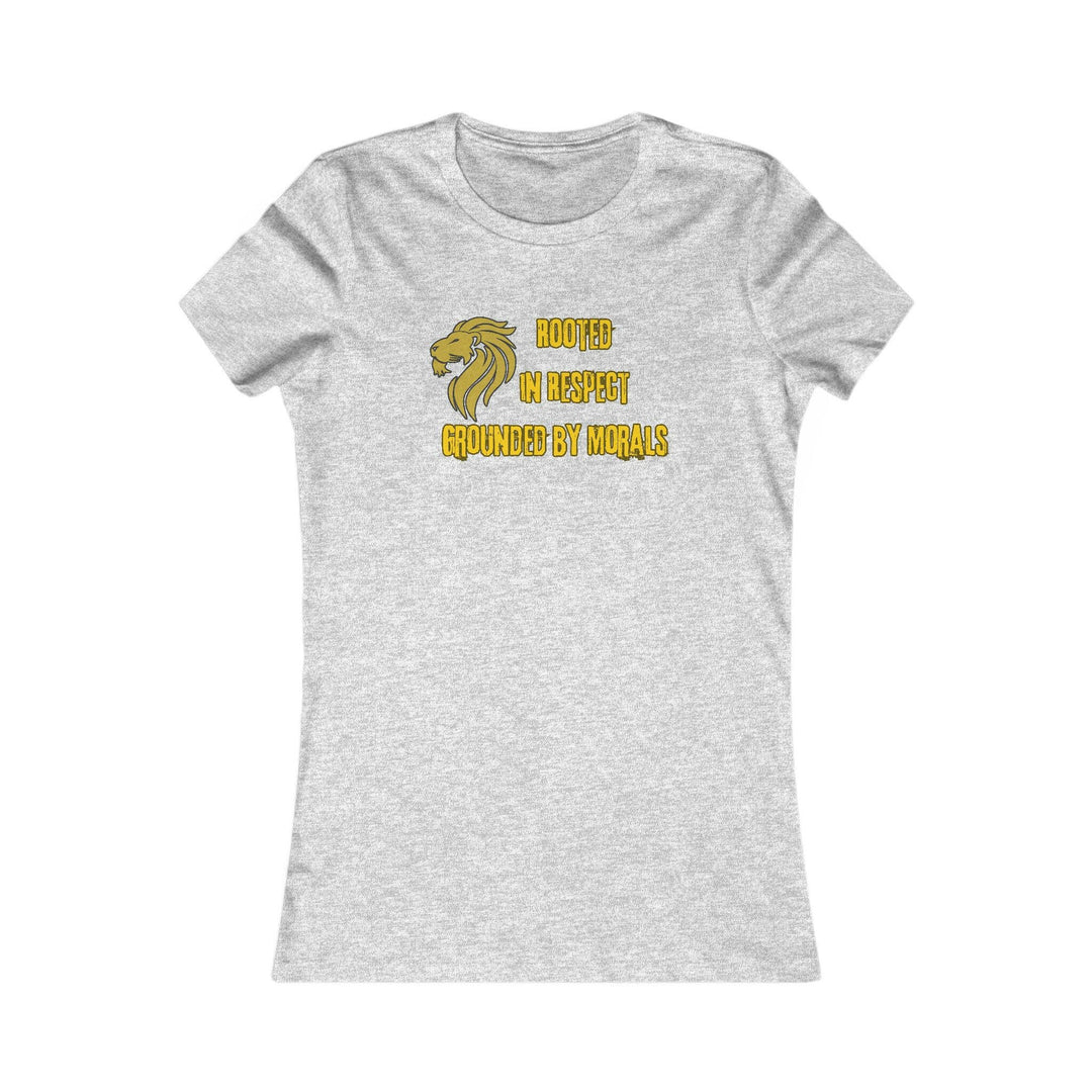 Sport Grey T-shirt with a golden lion symbol and the powerful phrase 'Rooted in Respect, Grounded by Morals.' Perfect for expressing values of strength, integrity, and pride.