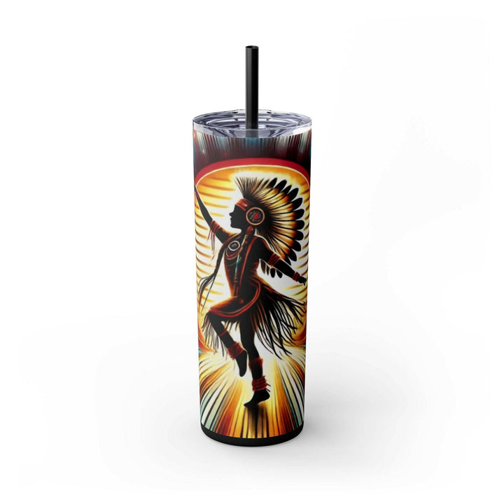 Stainless steel tumbler with a dynamic silhouette of a Native American dancer in a vibrant sunburst background. A stunning design celebrating cultural artistry and tradition.