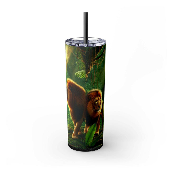 Stainless steel tumbler featuring a serene image of a Rastafarian adult and child walking through a lush green forest. A meaningful design symbolizing unity and heritage.