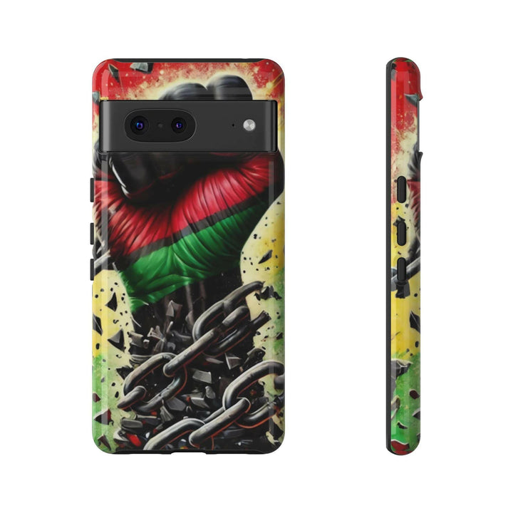 Black Pan-African fist phone case with chains breaking free, symbolizing strength and liberation. Durable and stylish for cultural expression.