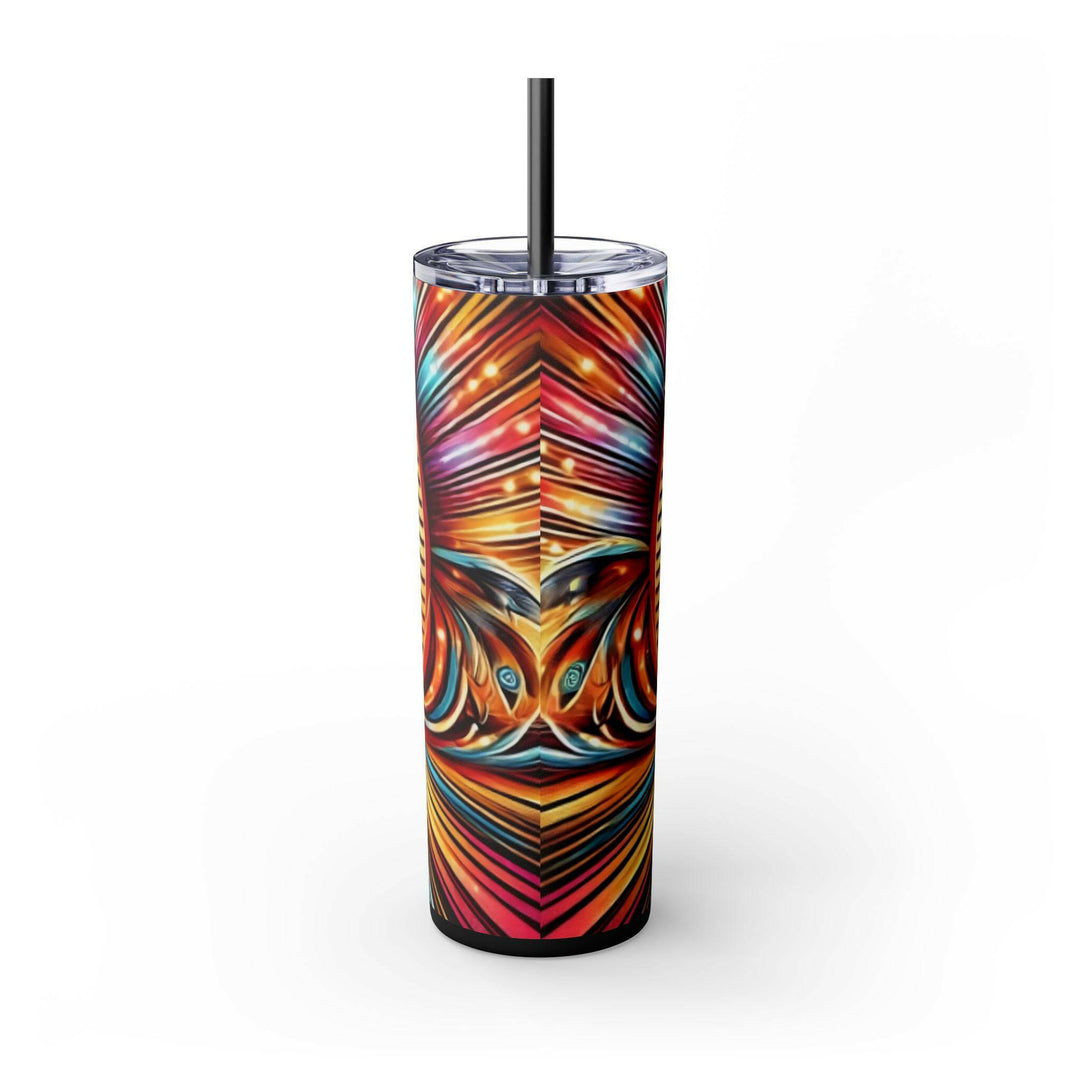 Stainless steel tumbler with a dynamic silhouette of a Native American dancer in a vibrant sunburst background. A stunning design celebrating cultural artistry and tradition.