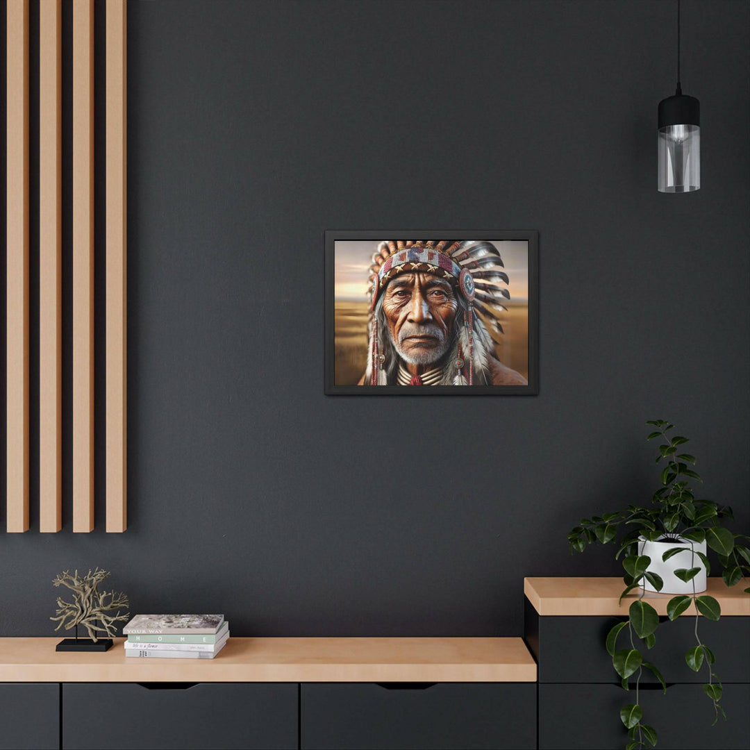 A detailed framed artwork of a wise Native American elder wearing a traditional feathered headdress, exuding a sense of wisdom and history.