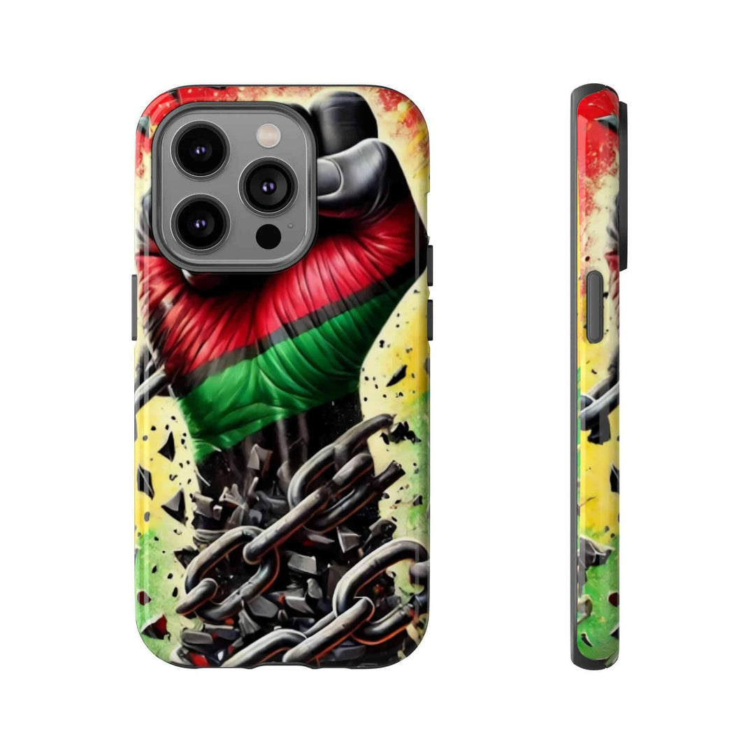 Black Pan-African fist phone case with chains breaking free, symbolizing strength and liberation. Durable and stylish for cultural expression.