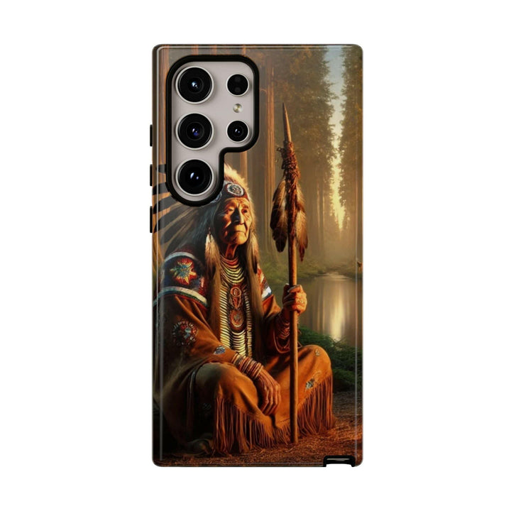 Phone case featuring a serene Native American elder holding a staff by a tranquil river. Detailed art for heritage appreciation.