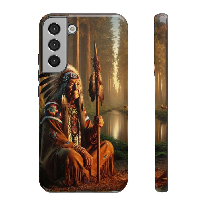 Phone case featuring a serene Native American elder holding a staff by a tranquil river. Detailed art for heritage appreciation.