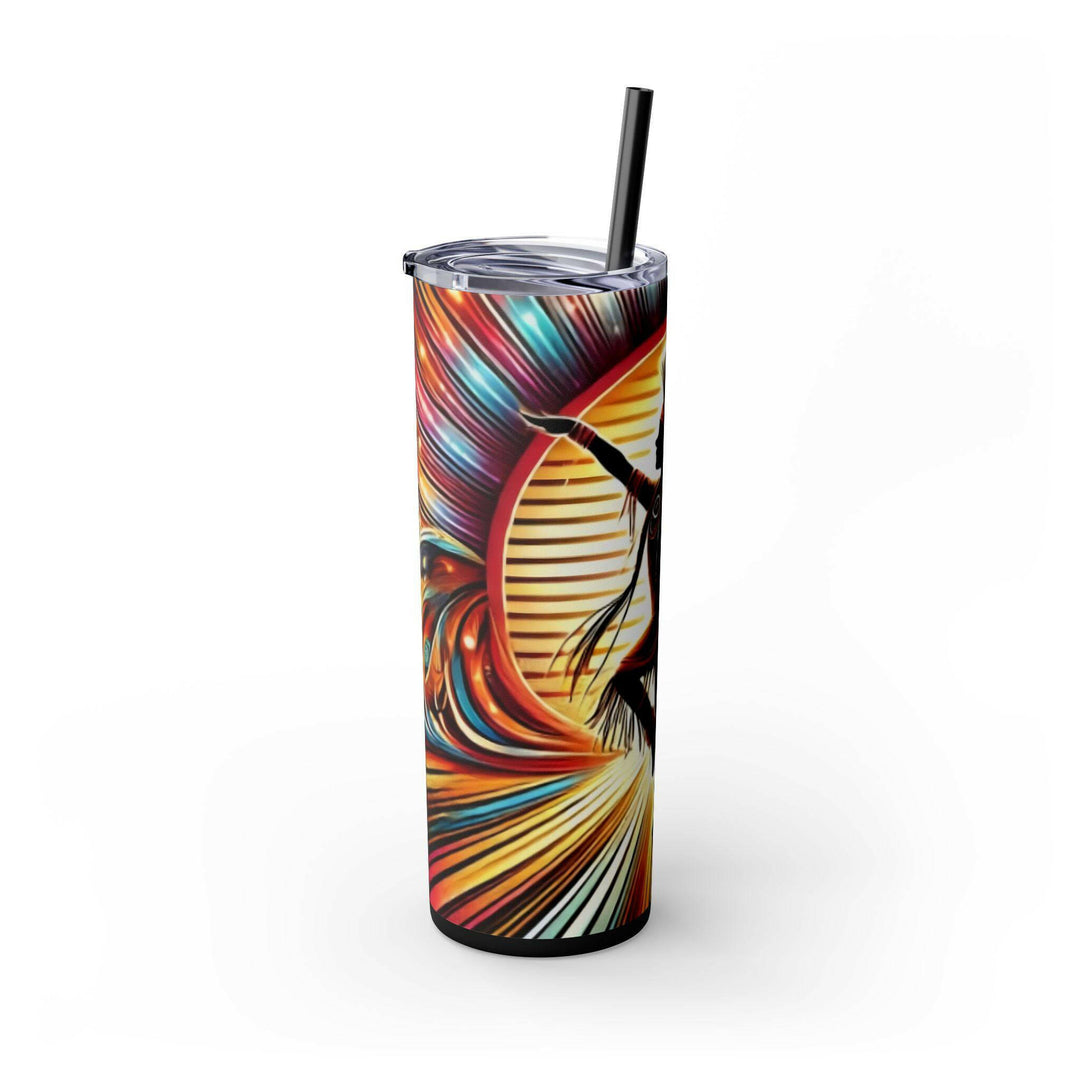 Stainless steel tumbler with a dynamic silhouette of a Native American dancer in a vibrant sunburst background. A stunning design celebrating cultural artistry and tradition.