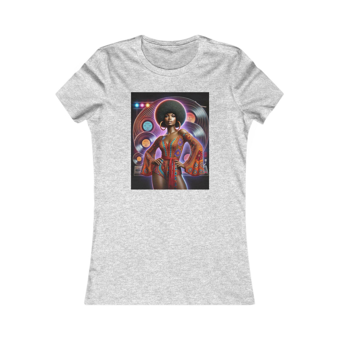 Sport Grey T-shirt featuring a vibrant, retro-inspired illustration of a stylish woman in disco attire. Ideal for lovers of vintage style and Afrocentric fashion.