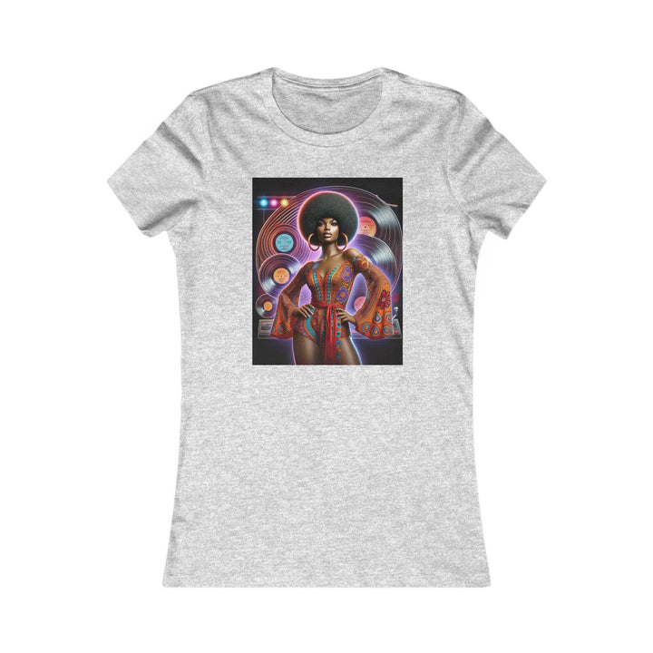 Sport Grey T-shirt featuring a vibrant, retro-inspired illustration of a stylish woman in disco attire. Ideal for lovers of vintage style and Afrocentric fashion.