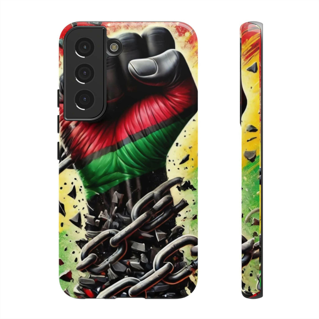 Black Pan-African fist phone case with chains breaking free, symbolizing strength and liberation. Durable and stylish for cultural expression.