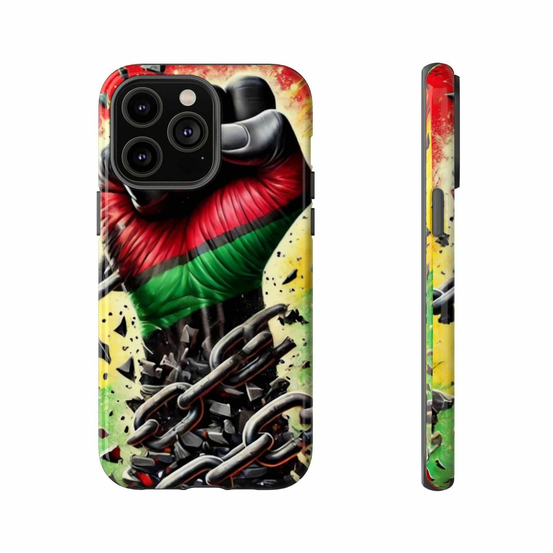 Black Pan-African fist phone case with chains breaking free, symbolizing strength and liberation. Durable and stylish for cultural expression.