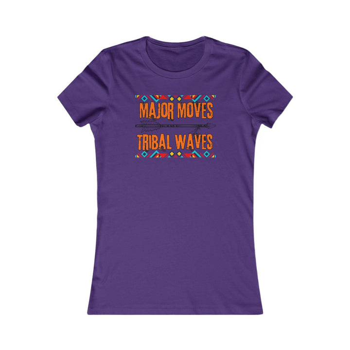 Purple T-shirt with the phrase 'Major Moves Tribal Waves' in orange, with colorful tribal patterns. Embraces movement, power, and cultural heritage.