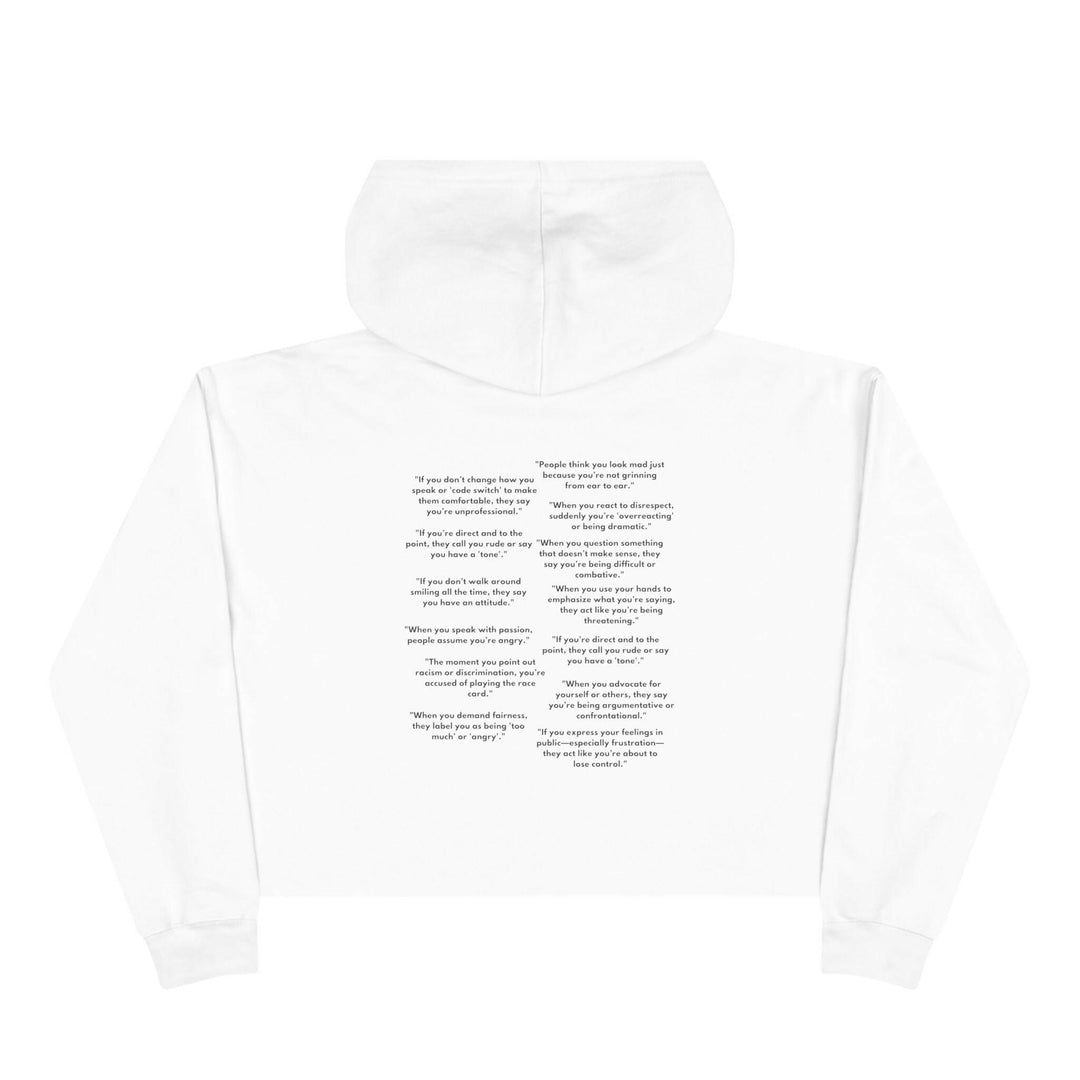 Crop hoodie showcasing Black culture and power statement, perfect for those who are not aggressive but just passionate.