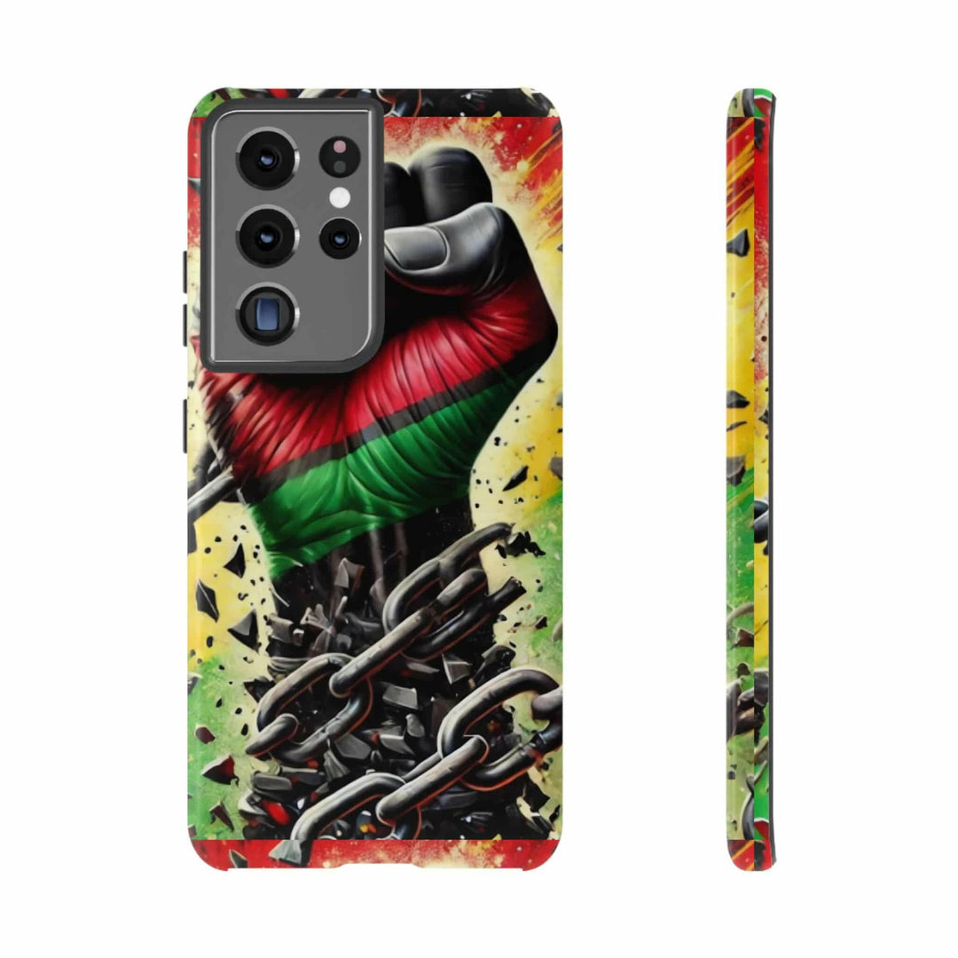 Black Pan-African fist phone case with chains breaking free, symbolizing strength and liberation. Durable and stylish for cultural expression.