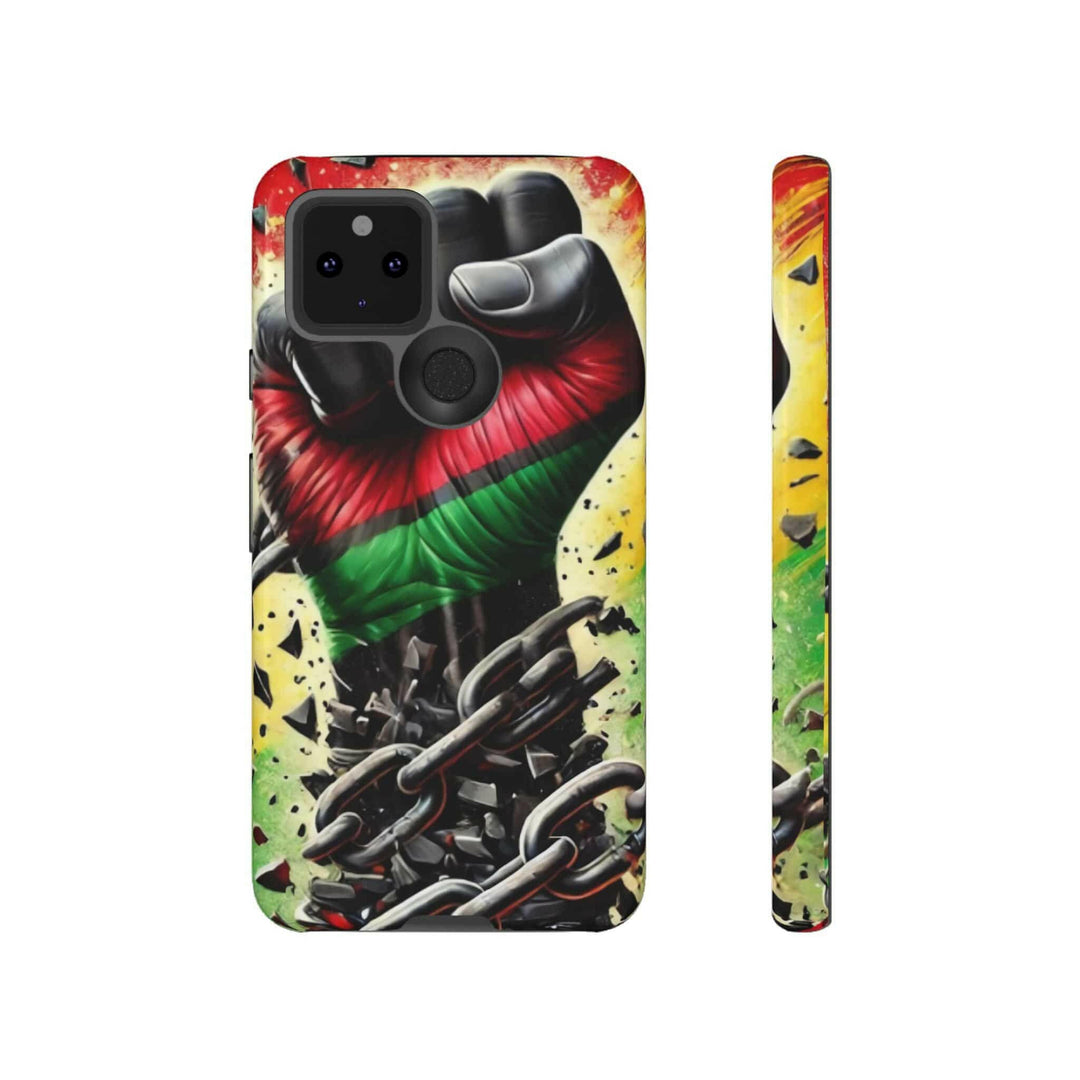 Black Pan-African fist phone case with chains breaking free, symbolizing strength and liberation. Durable and stylish for cultural expression.