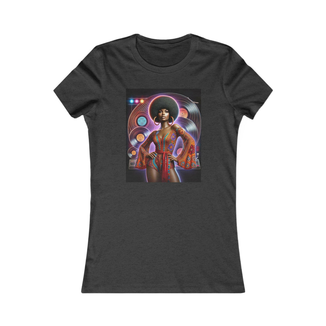 Dark Heather Grey T-shirt featuring a vibrant, retro-inspired illustration of a stylish woman in disco attire. Ideal for lovers of vintage style and Afrocentric fashion.