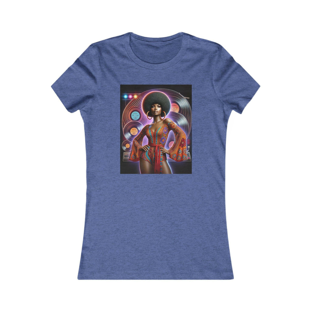 Heather royal blue T-shirt featuring a vibrant, retro-inspired illustration of a stylish woman in disco attire. Ideal for lovers of vintage style and Afrocentric fashion.