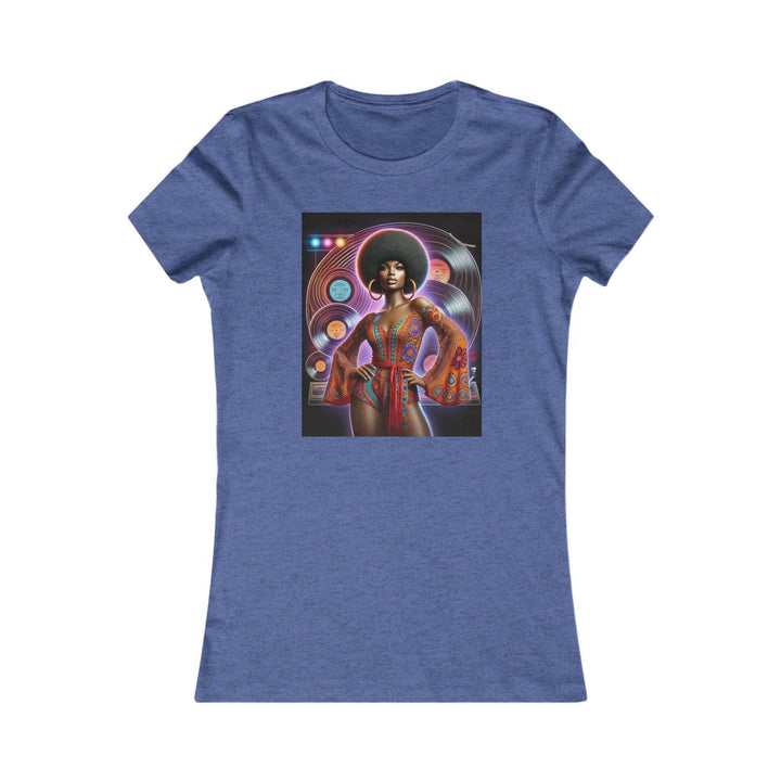 Heather royal blue T-shirt featuring a vibrant, retro-inspired illustration of a stylish woman in disco attire. Ideal for lovers of vintage style and Afrocentric fashion.