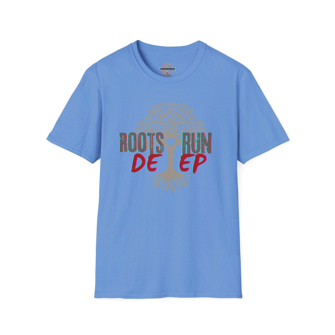 T-shirt with roots run deep graphic, fashionable apparel