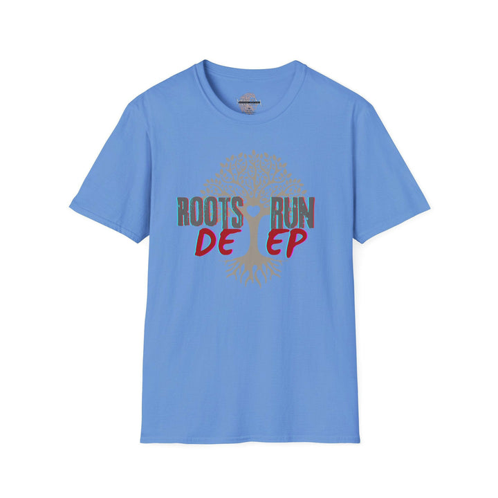 T-shirt with roots run deep graphic, fashionable apparel