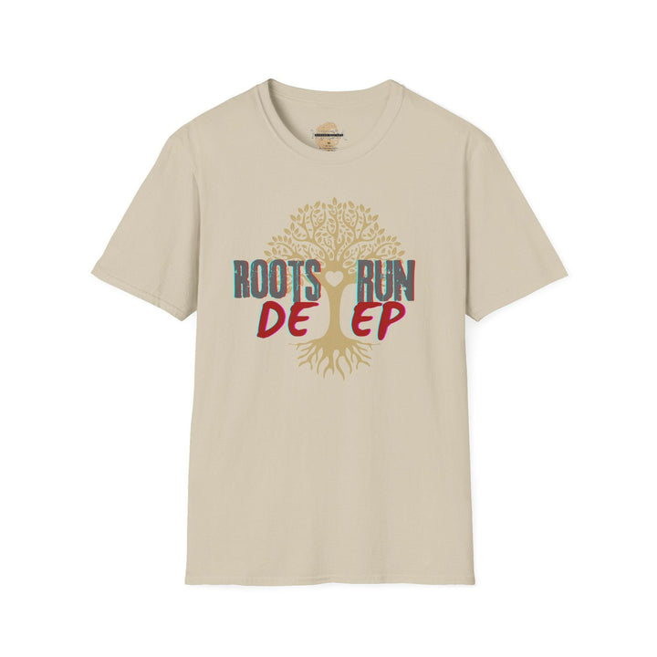 T-shirt with roots run deep graphic, fashionable apparel