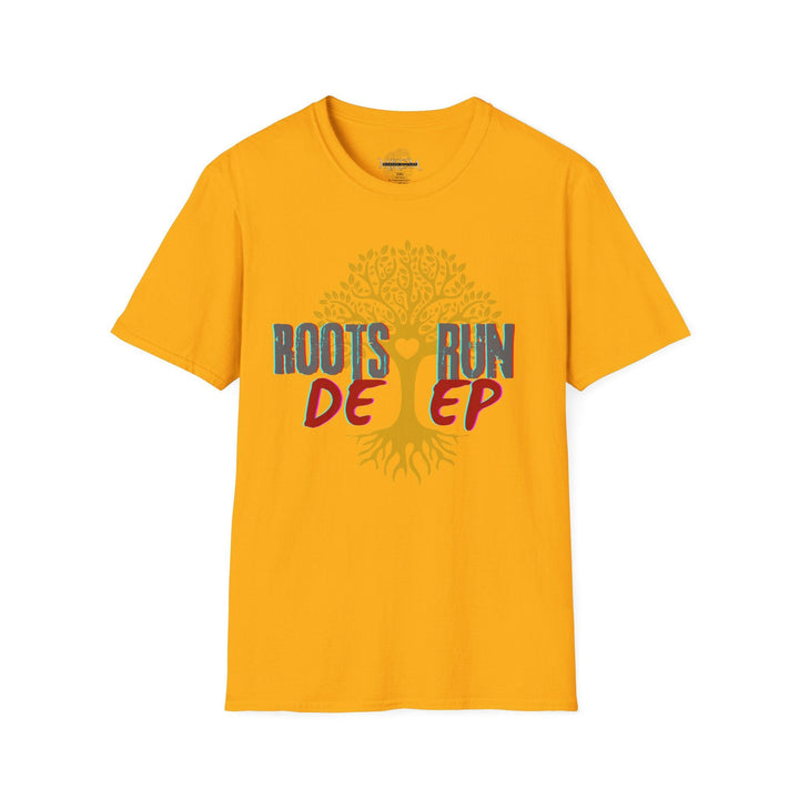 T-shirt with roots run deep graphic, fashionable apparel