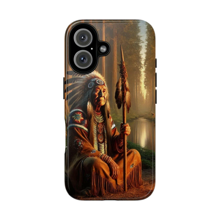 Phone case featuring a serene Native American elder holding a staff by a tranquil river. Detailed art for heritage appreciation.