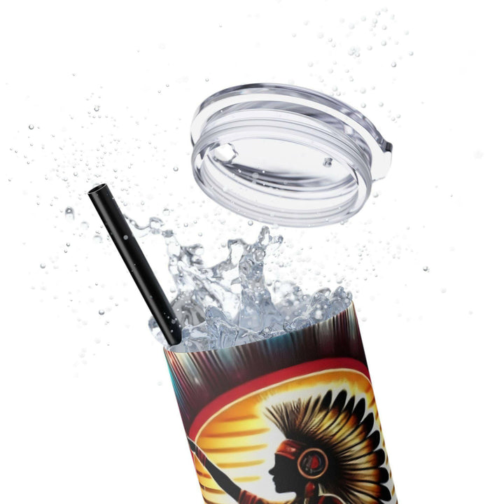 Stainless steel tumbler with a dynamic silhouette of a Native American dancer in a vibrant sunburst background. A stunning design celebrating cultural artistry and tradition.