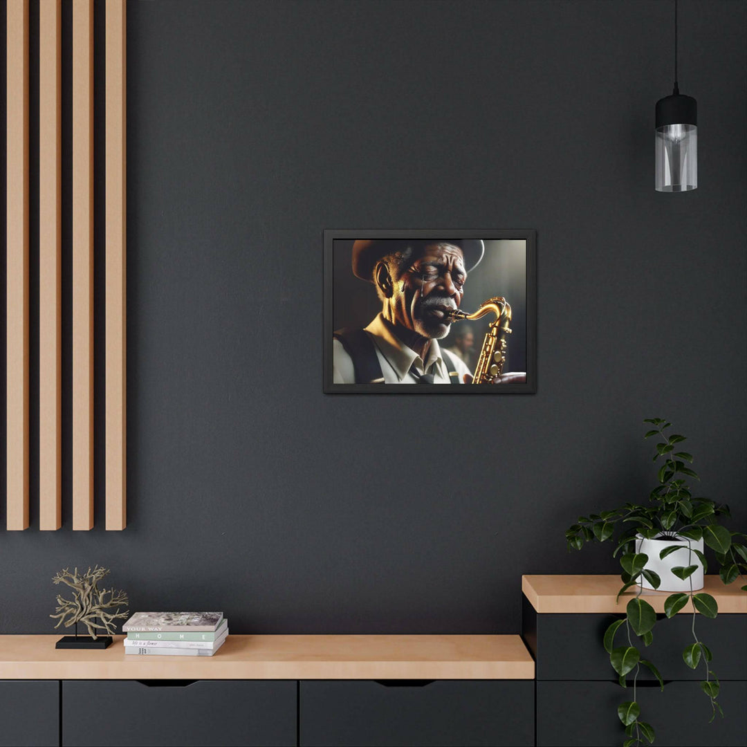 A soulful framed artwork of an elderly jazz musician playing the saxophone, evoking deep emotions through the depiction of music and expression.