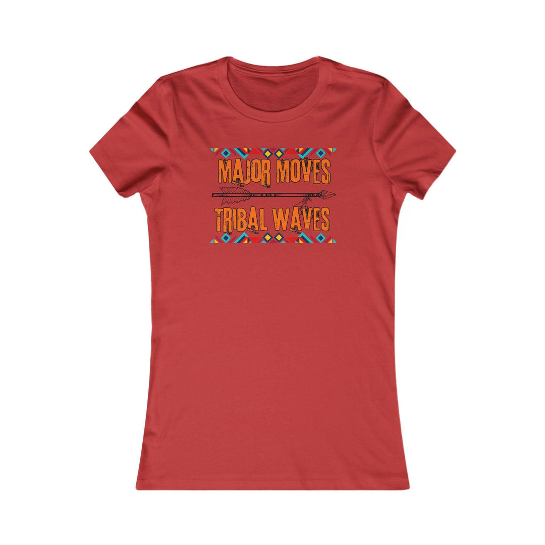 Red T-shirt with the phrase 'Major Moves Tribal Waves' in orange, with colorful tribal patterns. Embraces movement, power, and cultural heritage.